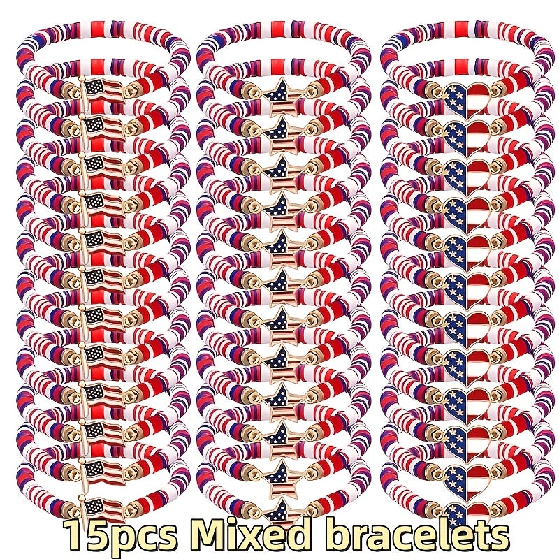 Red, White and Blue Stretch Bracelet Set with Mixed Bead Patterns and 15- or 30-Piece Checkout Options