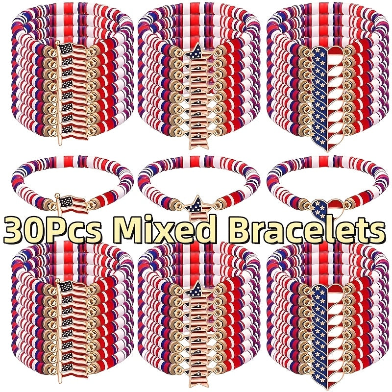 Red, White and Blue Stretch Bracelet Set with Mixed Bead Patterns and 15- or 30-Piece Checkout Options