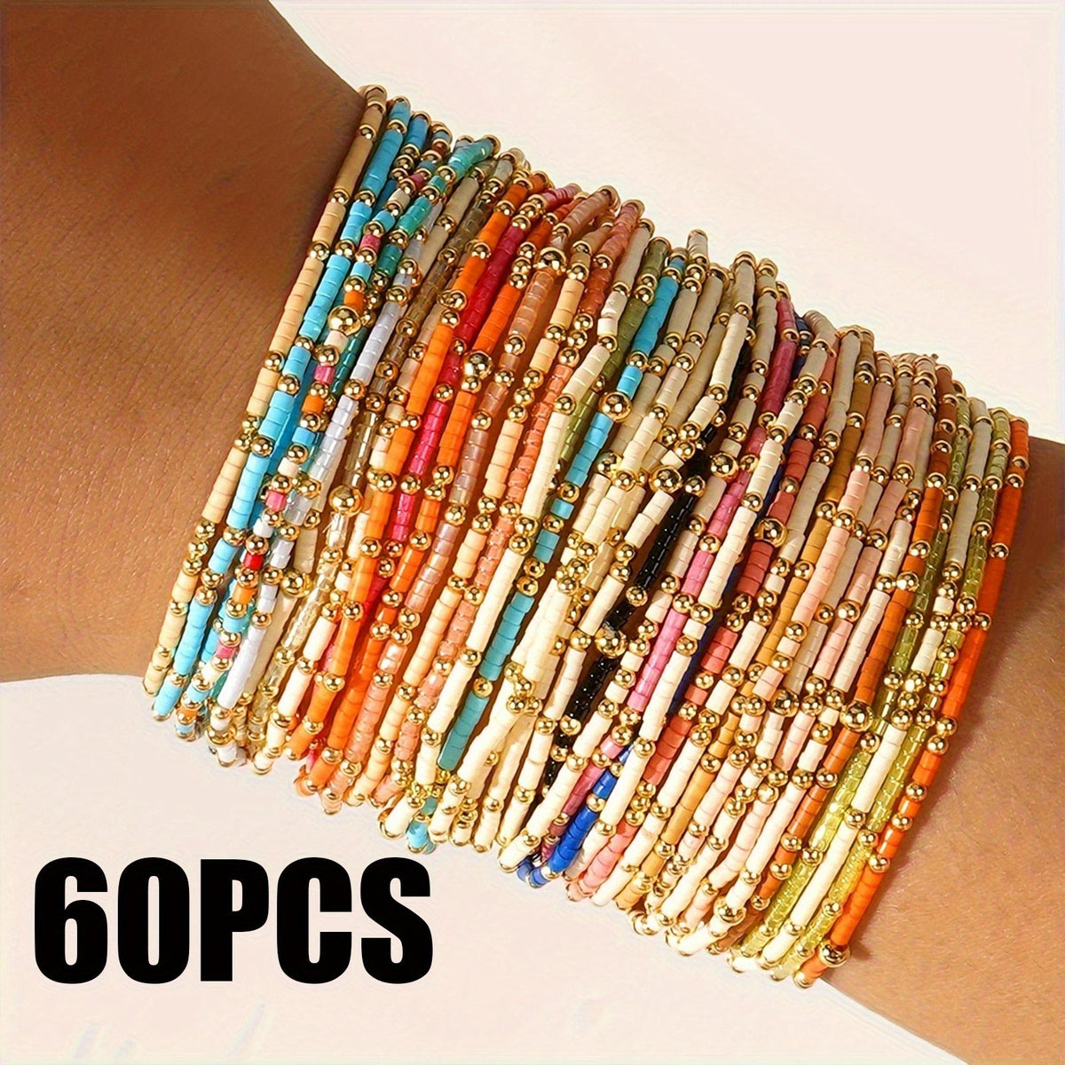 Beaded Bracelet – Seed Bead Bracelets Set 60 Pcs Boho Elastic Stretch Bracelet Stack Women Multicolor Bohemian
