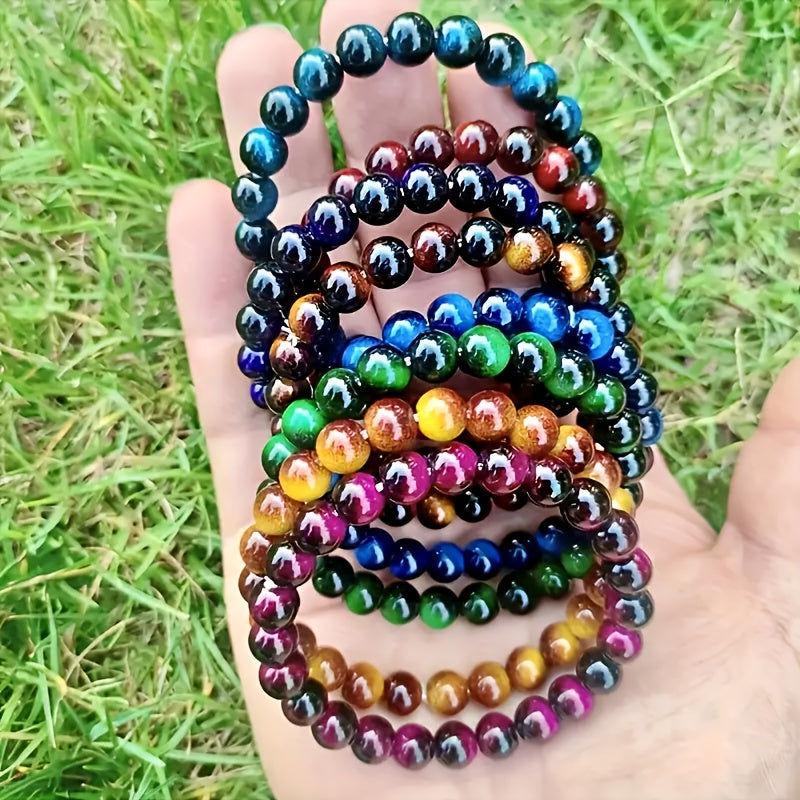 Bracelet Set, Eight-Piece 8mm Tiger-Eye-Look Bead Stack in Eight Coordinated Colorways for Layered Wrist Styling