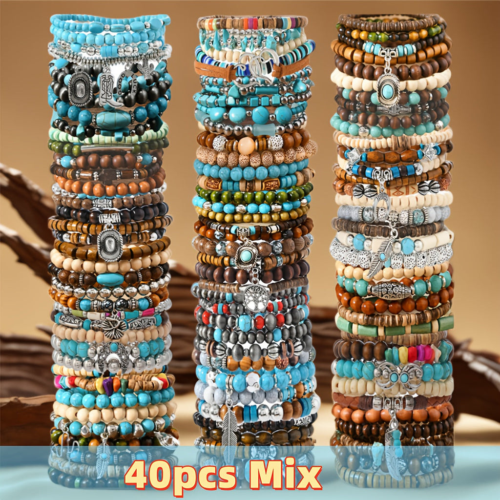 Forty-Piece Boho Beaded Bracelet Assortment with Wood-Look Beads, Mixed Colors and Stackable Charm Designs