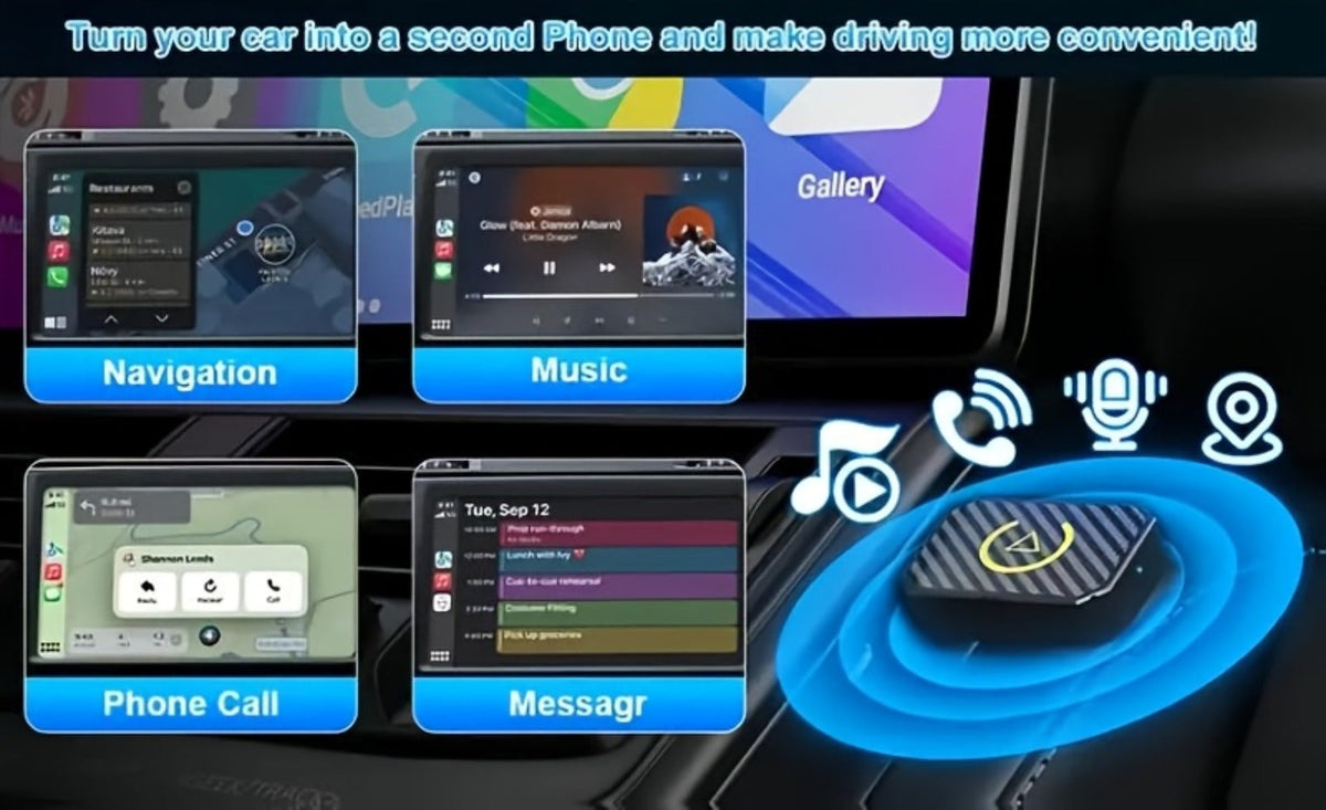 Mini Wired-to-Wireless CarPlay Adapter with USB-A Plug and USB-C Adapter in USB Set Pictured