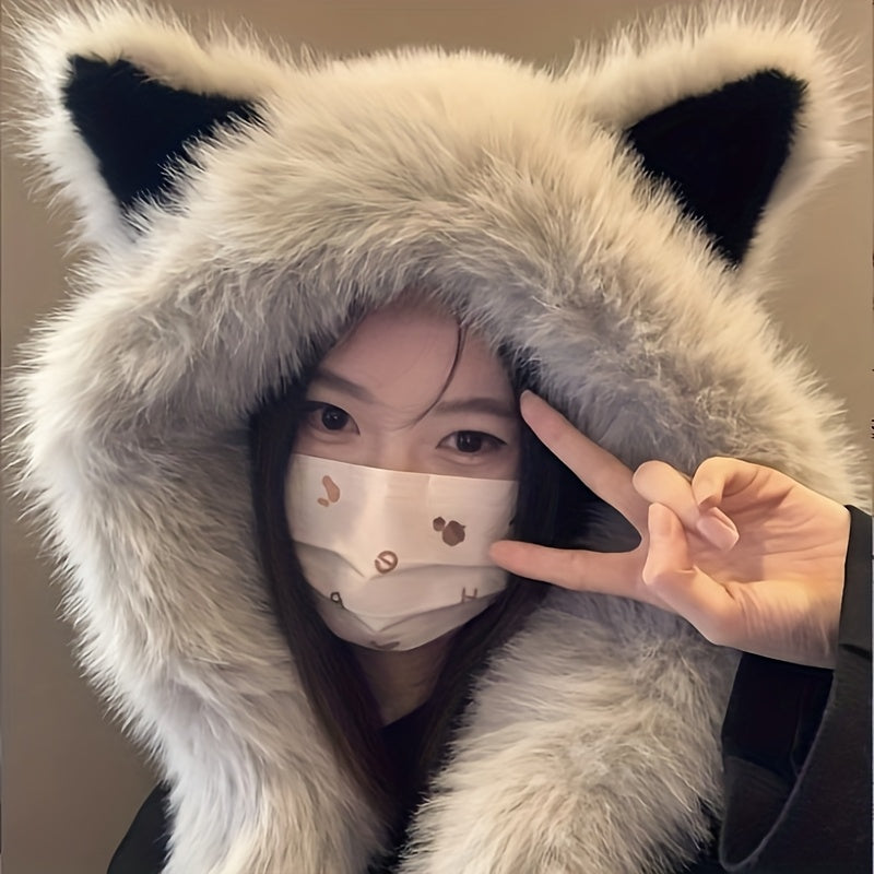 Beanie Hat - Cat Ear with Integrated Scarf Soft Warm Winter Faux Cat Ears for Women Men - product detail view 11