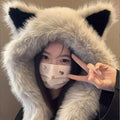 Cat-Ear Beanie with Integrated Scarf in Grey or White, One-Size Winter Headwear for Women and Men