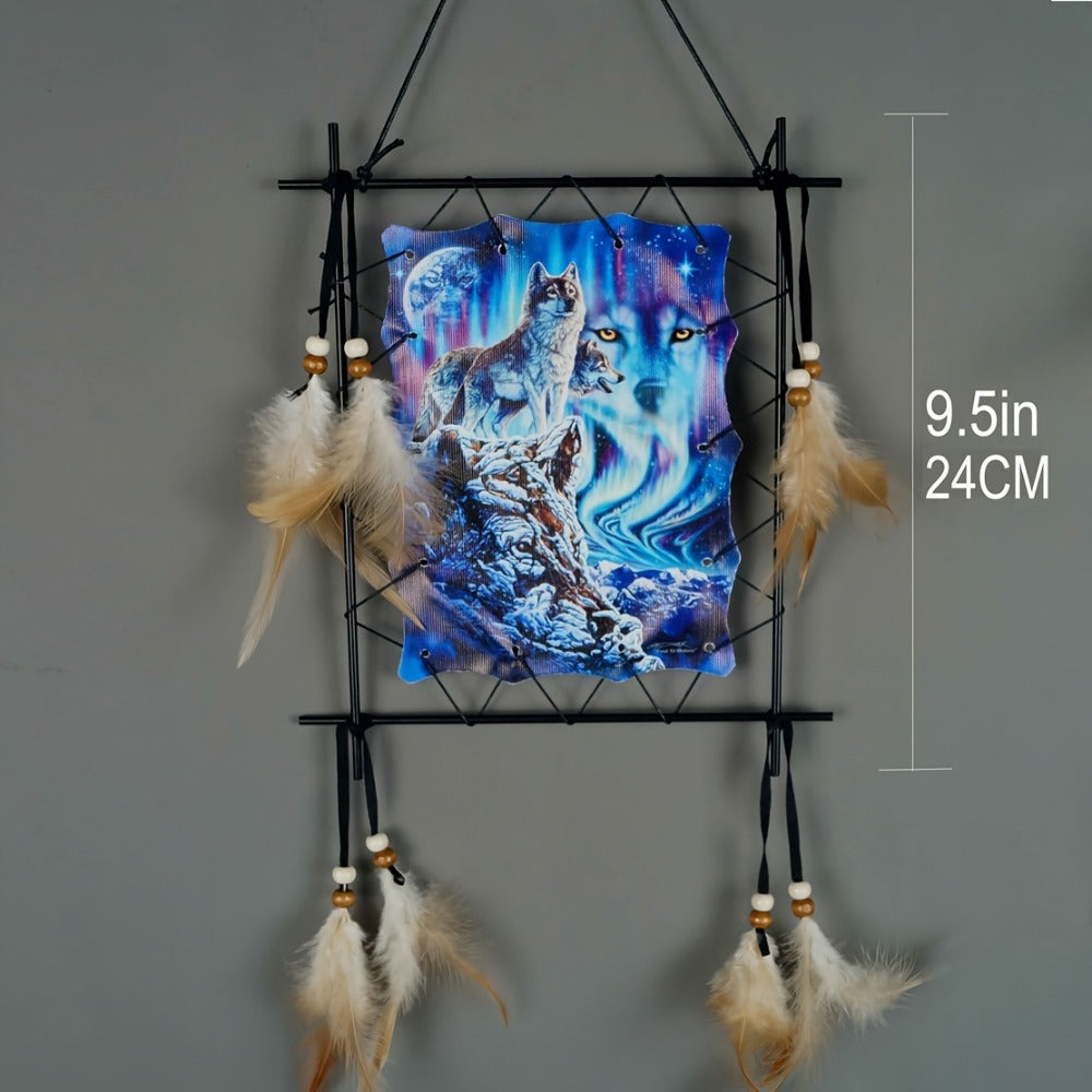 Wolf Eagle Dream Catcher Wall Art 2pcs Canvas Print Boho Native American Totem Hanging Decor with Feathers Wooden Beads Vintage Iron Frame