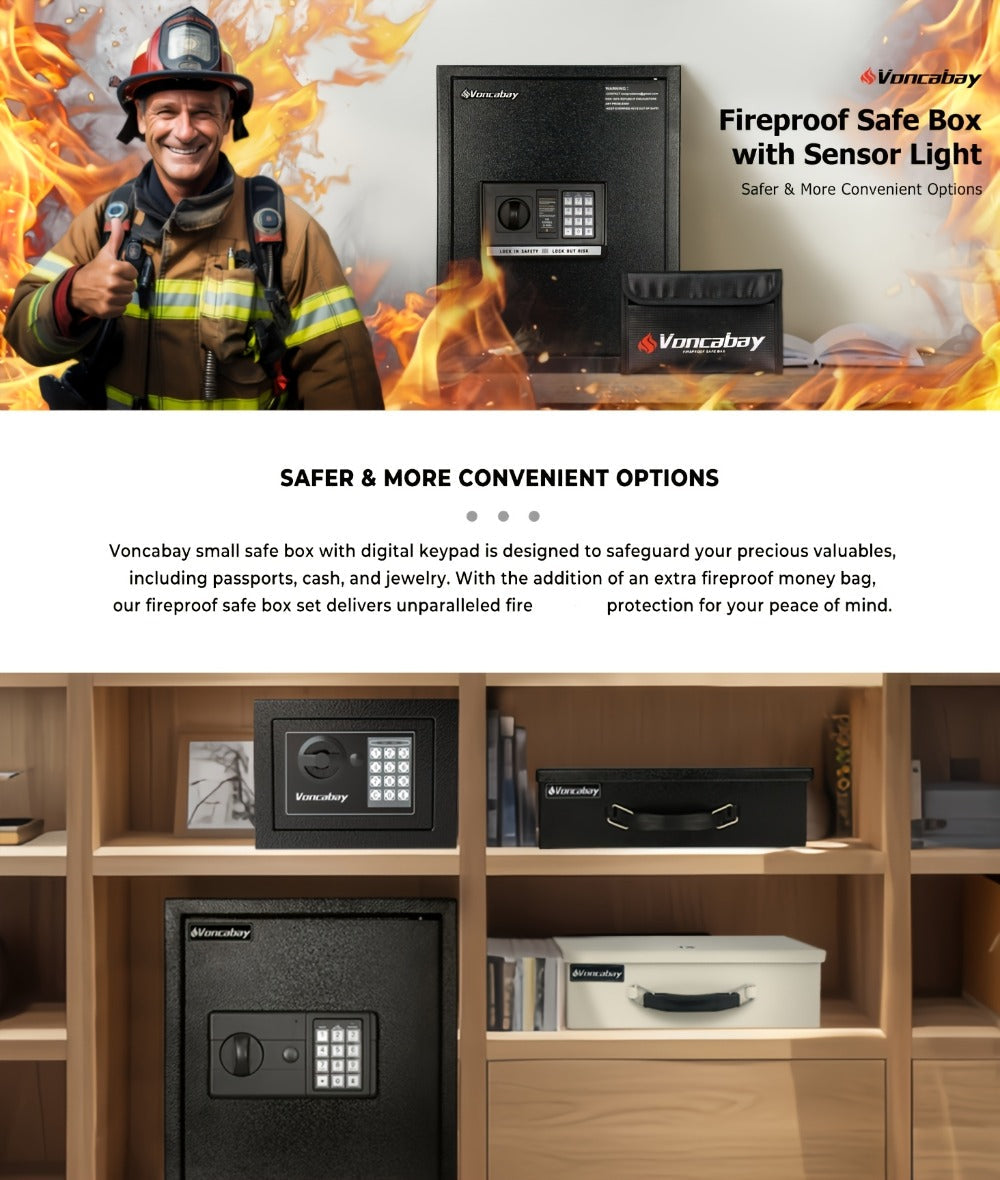 Home Security Safe Box with Sensor Light & Fireproof Bag, Digital Keypad Lock Box with Backup Keys for Cash