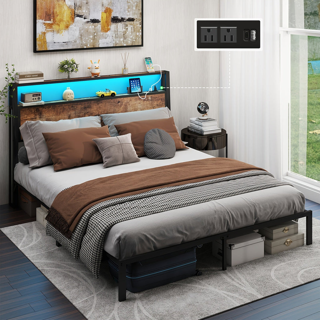 Bed Frame with Storage, Platform with 12-Color LED Headboard, USB Charging Ports and 2-Tier Open Shelf Storage