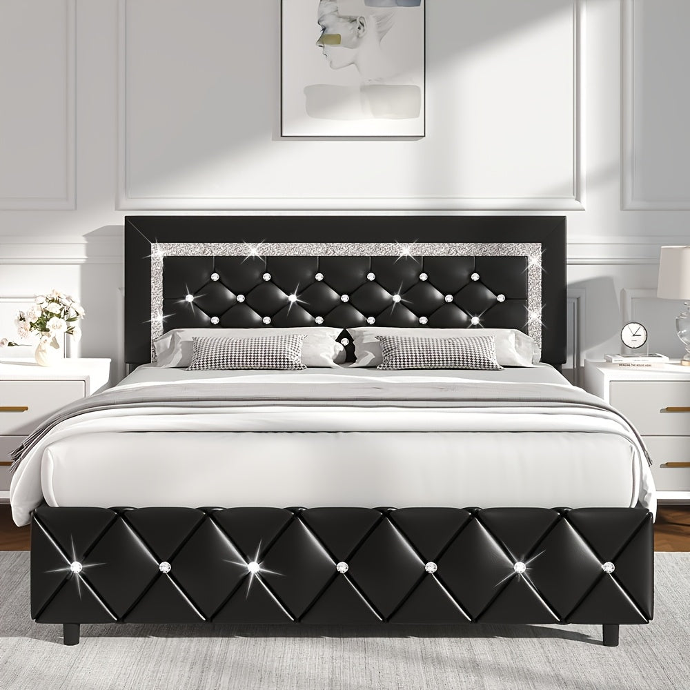 Bed Frame Black Faux Leather Platform with Diamond-Tufted Headboard, Upholstered Footboard and Wood Slats