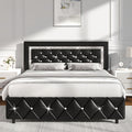 Bed Frame Black Faux Leather Platform with Diamond-Tufted Headboard, Upholstered Footboard and Wood Slats