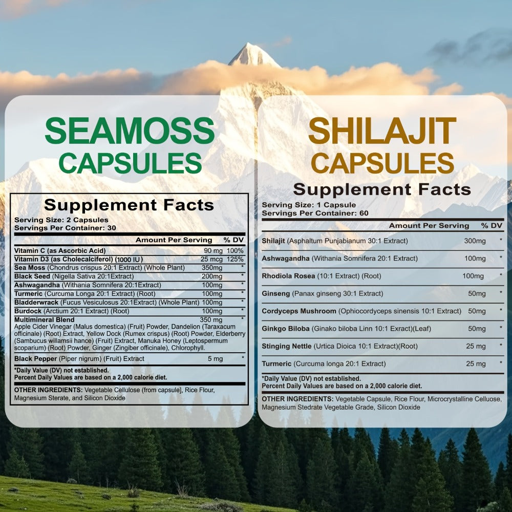 Dietary Supplement Sea Moss and Shilajit Capsule Bundle with Two- or Six-Piece available options