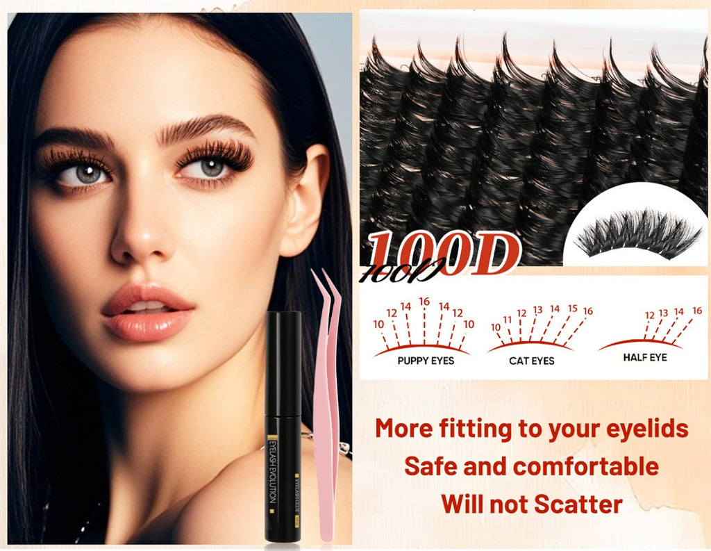 100D Volume Cluster Lashes DIY Individual Lash Extension Kit – Soft Reusable Single Clusters for Full Thick Dramatic Lash Look