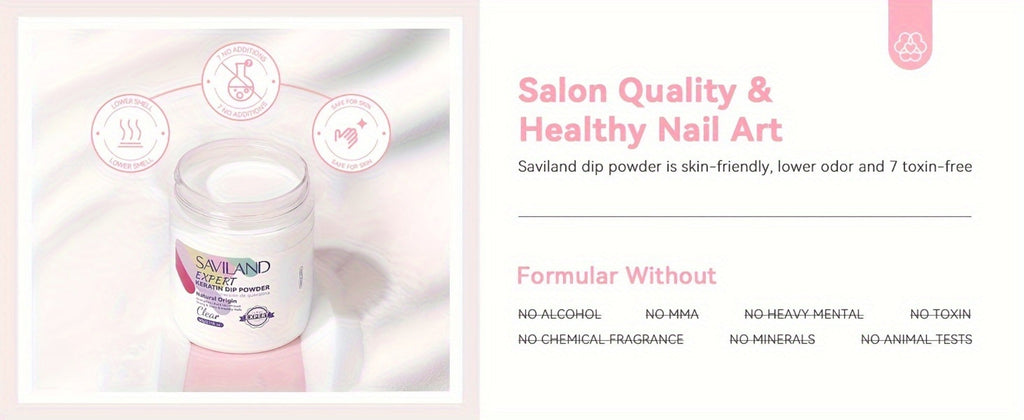 Dip Powder Nail Kit with SAVILAND Label, 60g Clear Powder, Three 15ml Liquids, Files, Buffer and Brush