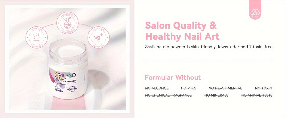 Dip Powder Nail Kit with SAVILAND Label, 60g Clear Powder, Three 15ml Liquids, Files, Buffer and Brush