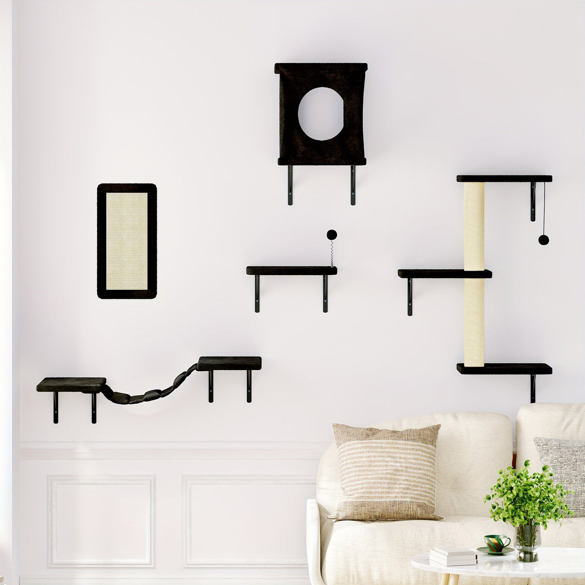 Cat Wall Shelves 5-Piece Set – Wall-Mounted Cat Furniture with Floating Perch, Cat Climber, Bridge & Cat Bed
