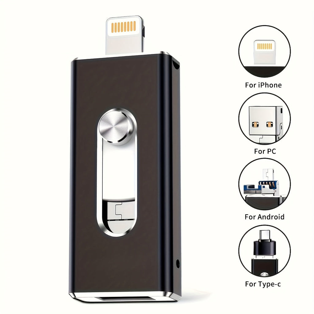 USB Flash Drive 64GB Compact Aluminum-Alloy Four-Connector Memory Stick in Black or Gold Color Options
