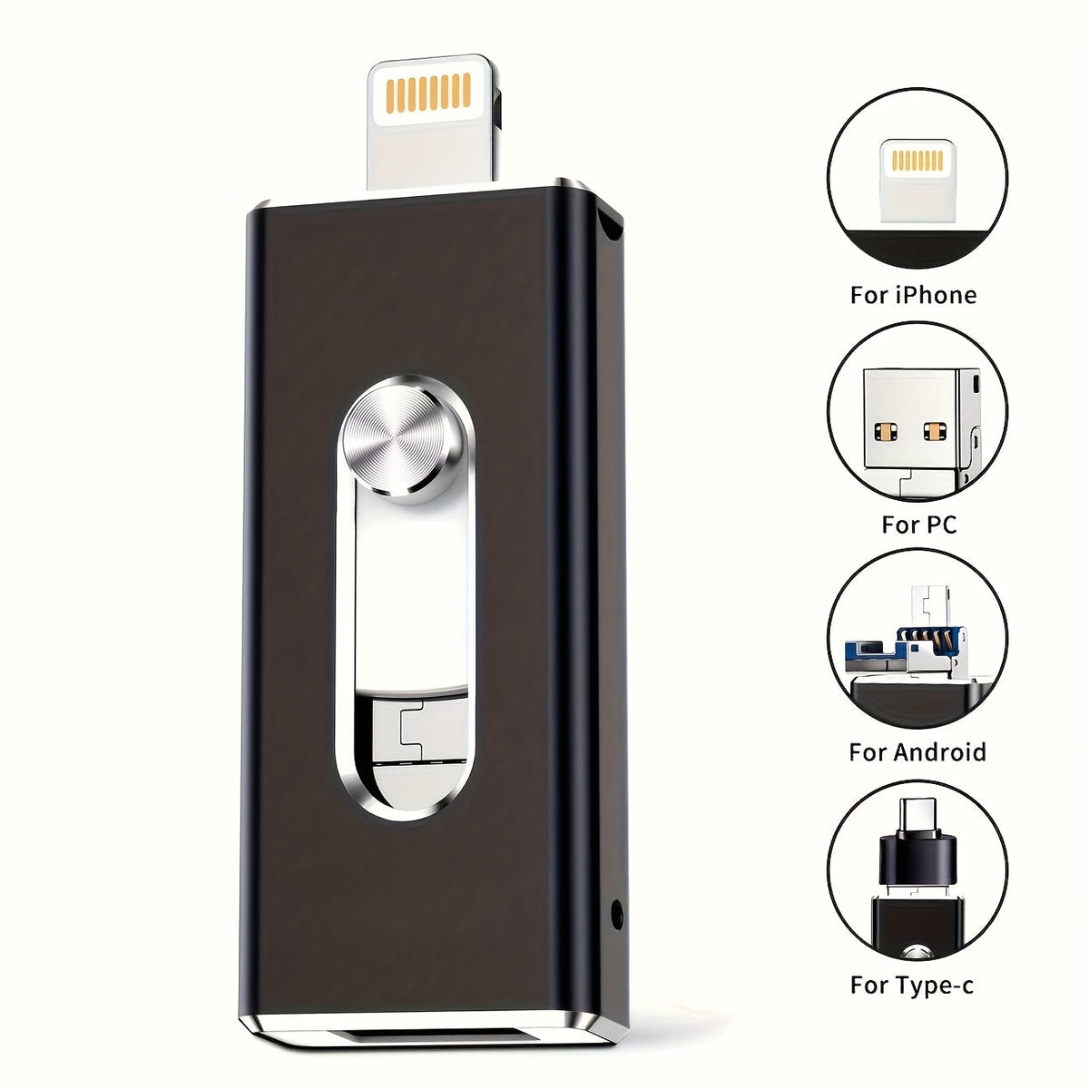 USB Flash Drive 64GB Compact Aluminum-Alloy Four-Connector Memory Stick in Black or Gold Color Options