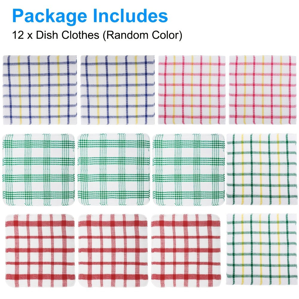 Twelve-Piece Assorted Plaid Kitchen Dishcloth Set with Square Woven Cloths in Random Check Styles