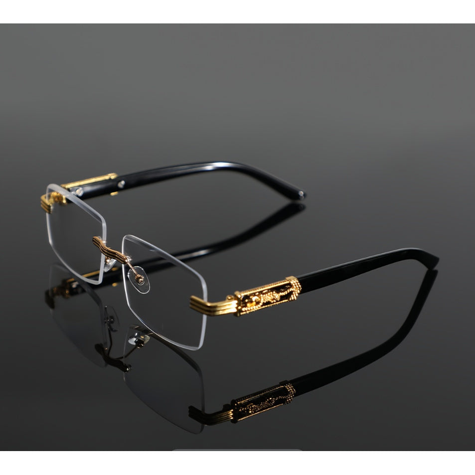 Rimless Rectangular Blue Light Glasses with Gold-Tone Metal Frame, Black Temple Tips and Clear Flat Lenses
