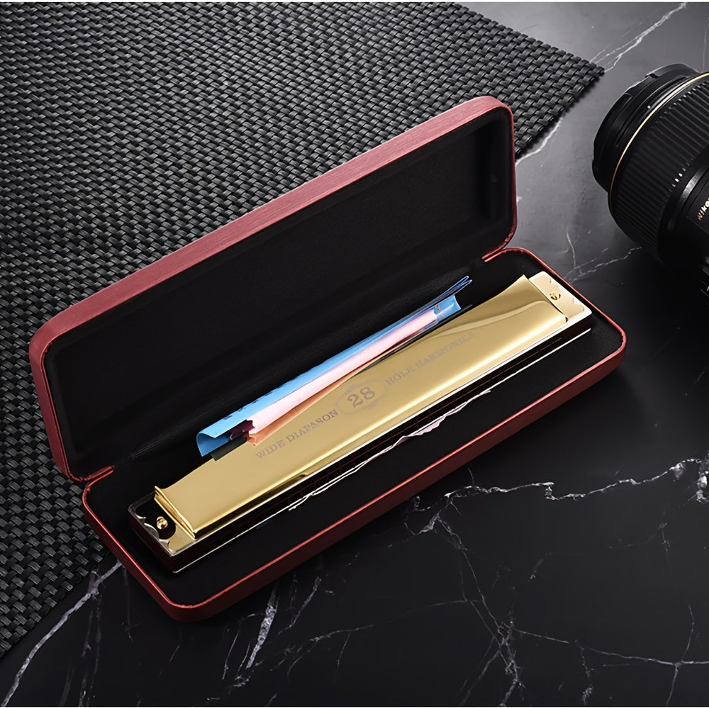 Golden 28-Hole Wide-Diapason Harmonica with Black Storage Box and Pictured Cleaning Accessories