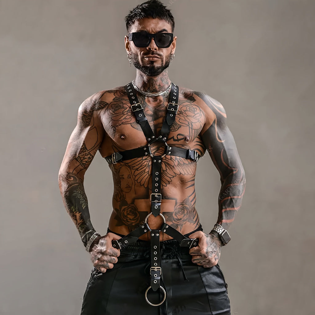 Body Harness - Gothic Men PU Leather Rivet Suspenders Punk Adjustable Non-Stretch - product detail view 7