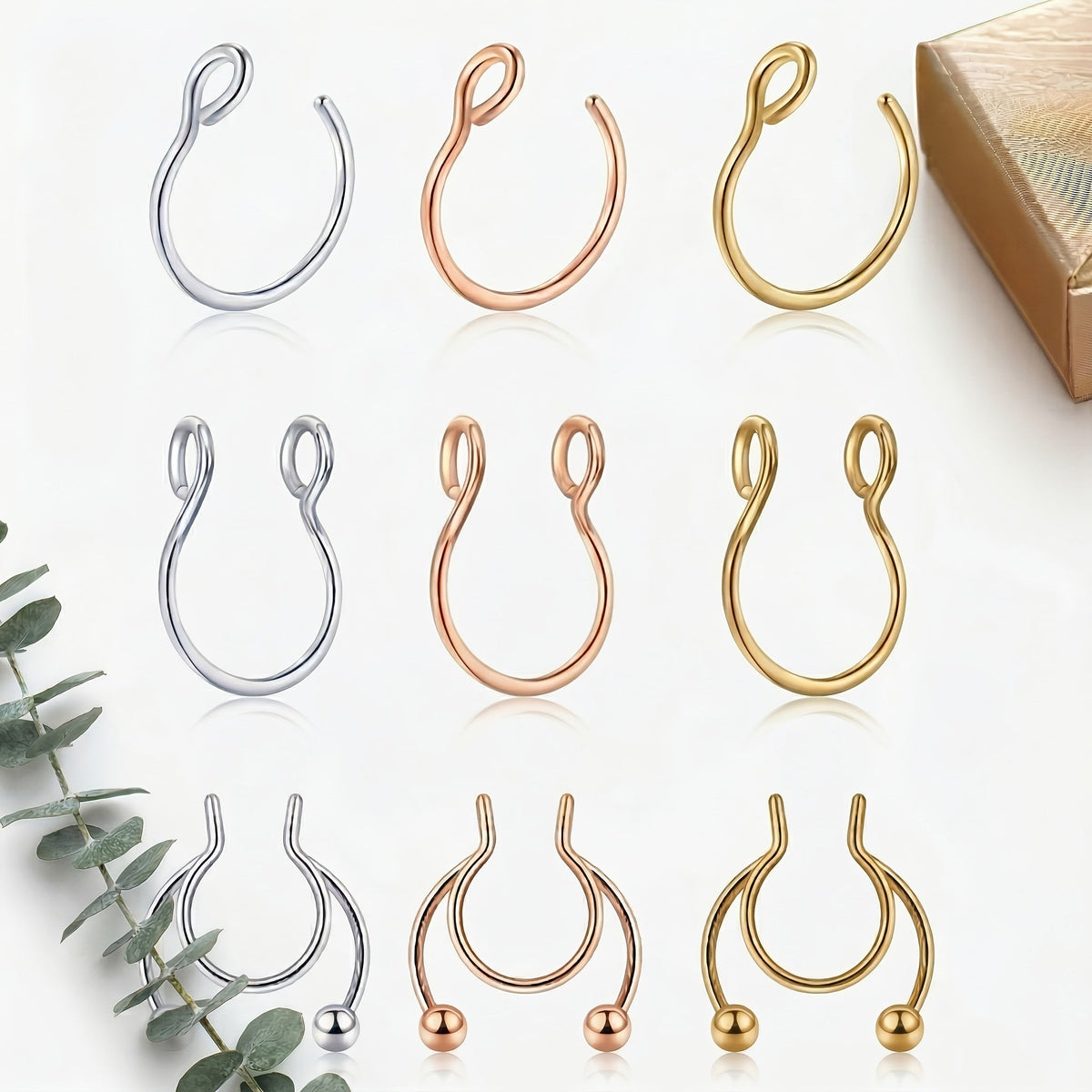Clip-On Faux Septum Nose Ring Set with Non-Piercing Hoop Styles in Four Color Options for Women and Men