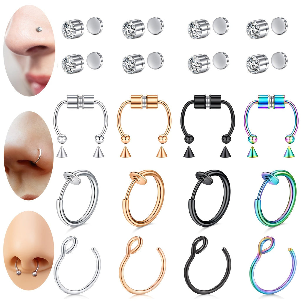Body Jewelry - Fake Nose Rings Set Clip On Non-Piercing Faux Septum Hoop Sparkling for - product detail view 15