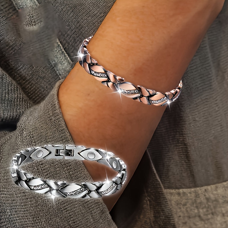 Bracelet Set, Two-Piece Copper Magnetic Cuffs with Braided Vintage Pattern in Bronze and Silvery Finishes