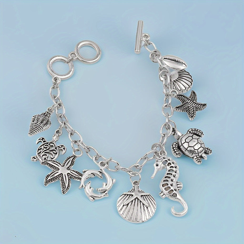 Ocean Charm Chain Bracelet with Assorted Marine Pendants, Toggle Clasp and 19.5 cm Silvery-Tone Design