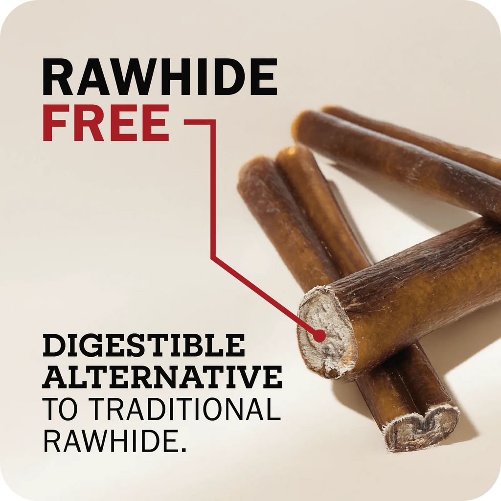 An image with Bully sticks on the side with a message that points towards it which reads, 'Rawhide Free. Digestible alternative to traditional rawhide.'