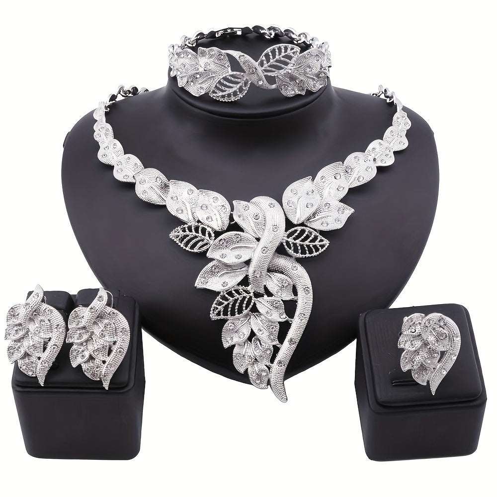 Jewelry Set 4-Piece Leaf Motif Necklace, Earrings, Bracelet and Ring in Two Plated Color Options