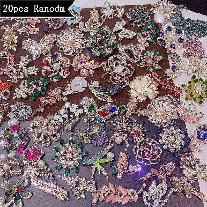 Brooch Pin - for Women 20 Pack Mixed Flower Rhinestone Crystal Faux Pearl - Elegant - product detail view 14