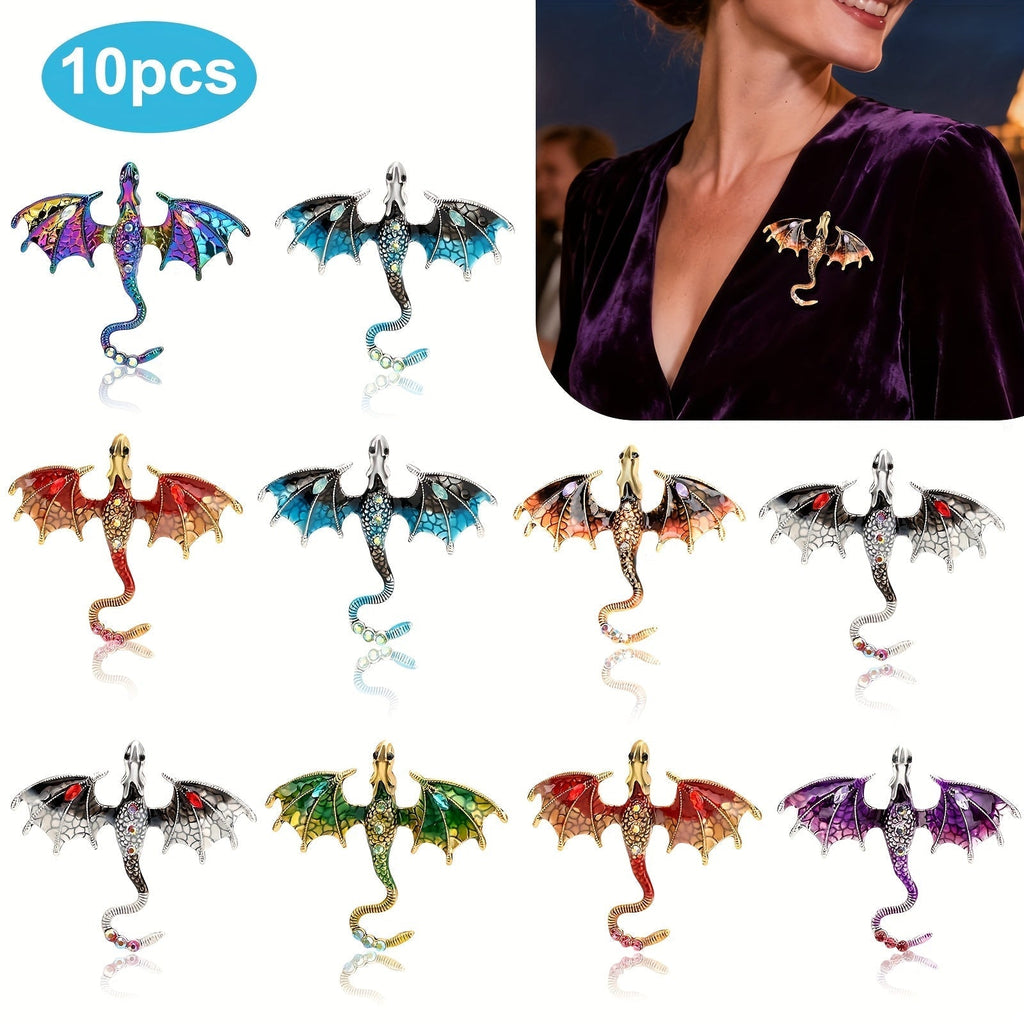 Dragon Lapel Pin Set with 10 Assorted Winged Designs, Colored Panels and Gold- or Silver-Tone Outlines