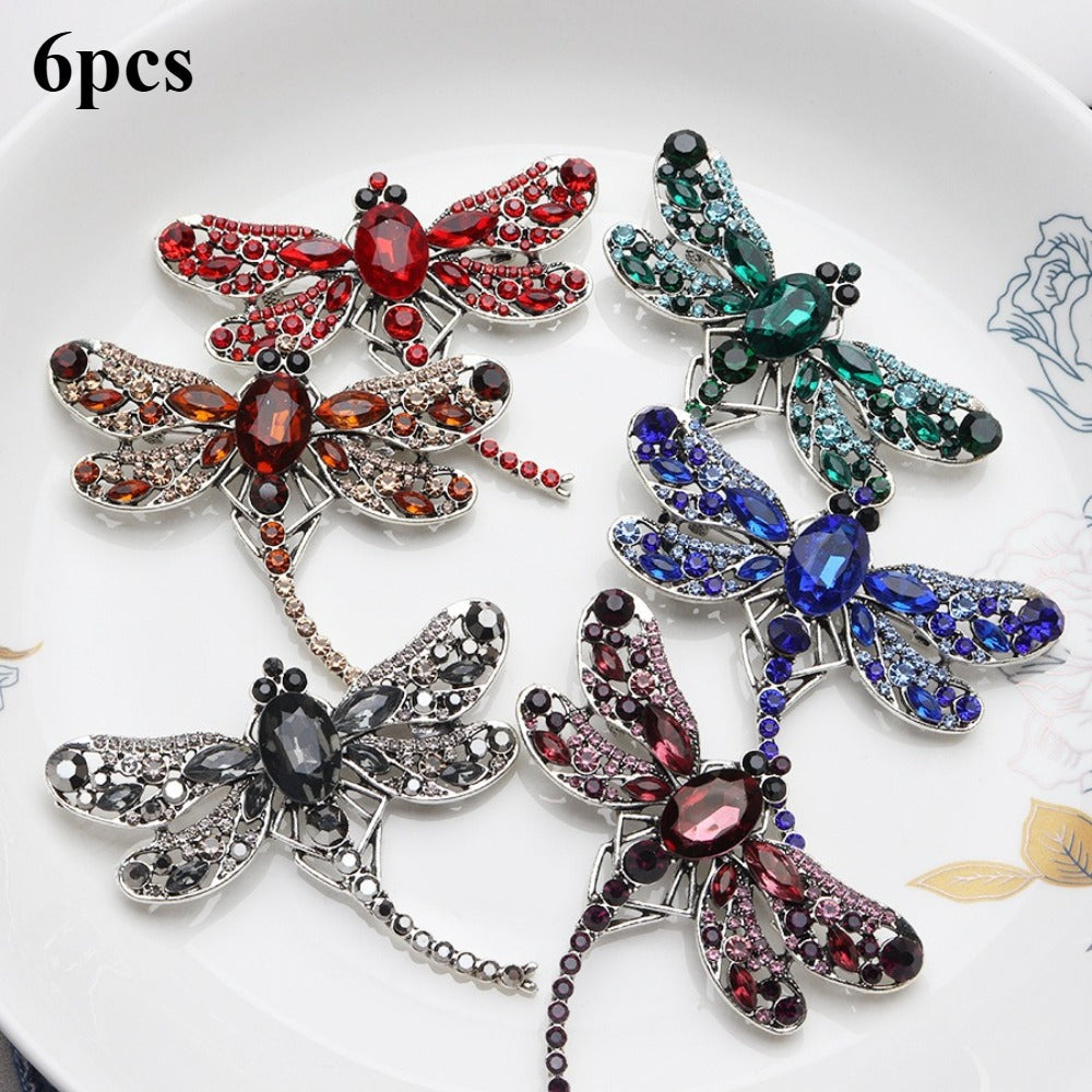 Dragonfly Brooch Set with Six Colorful Winged Designs, Faceted Accents and Dangling Tail Details