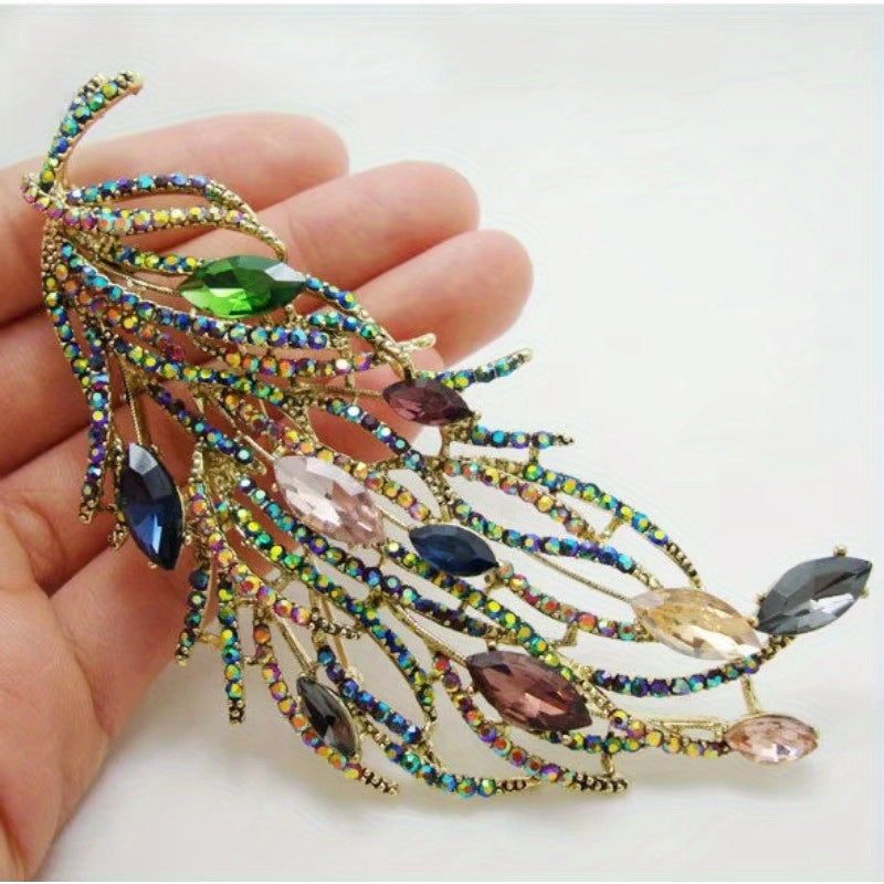 Feather Brooch with Sweeping Openwork Form, Multicolor Faceted Accents and 11.2 x 6.3cm Size