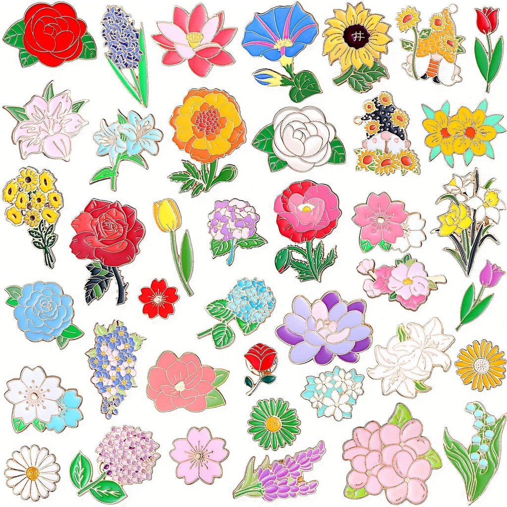 Brooch Pin – Flower Enamel Pins 40pcs Floral Lapel Pin Set Rose Sunflower Tulip Lily Hydrangea Gnome Cartoon