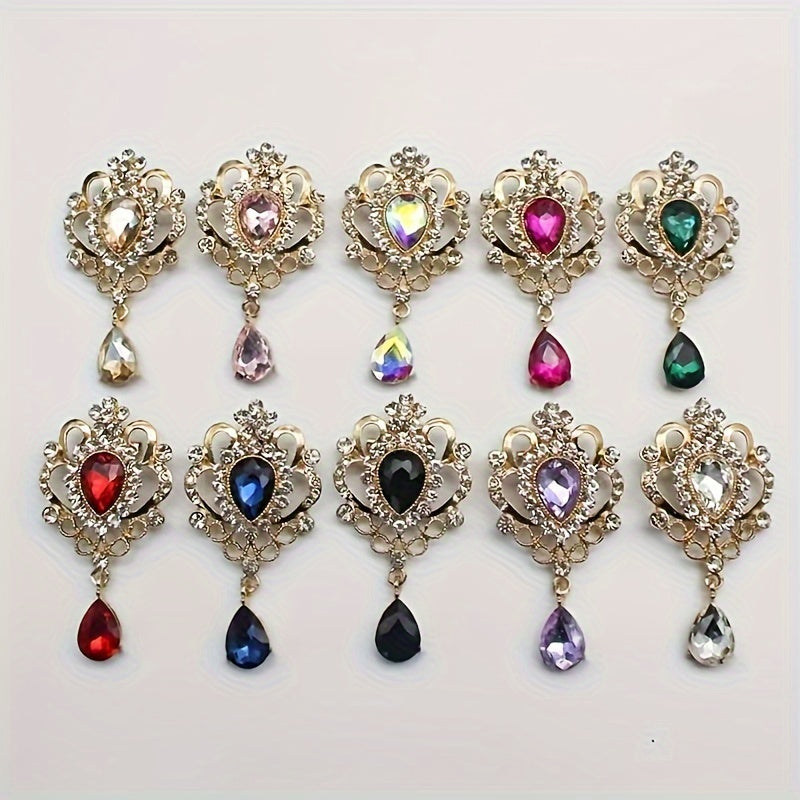 10-Piece Rhinestone Brooch Pin Set with Teardrop Crystal Styling in White for Dresses, Coats and Scarves