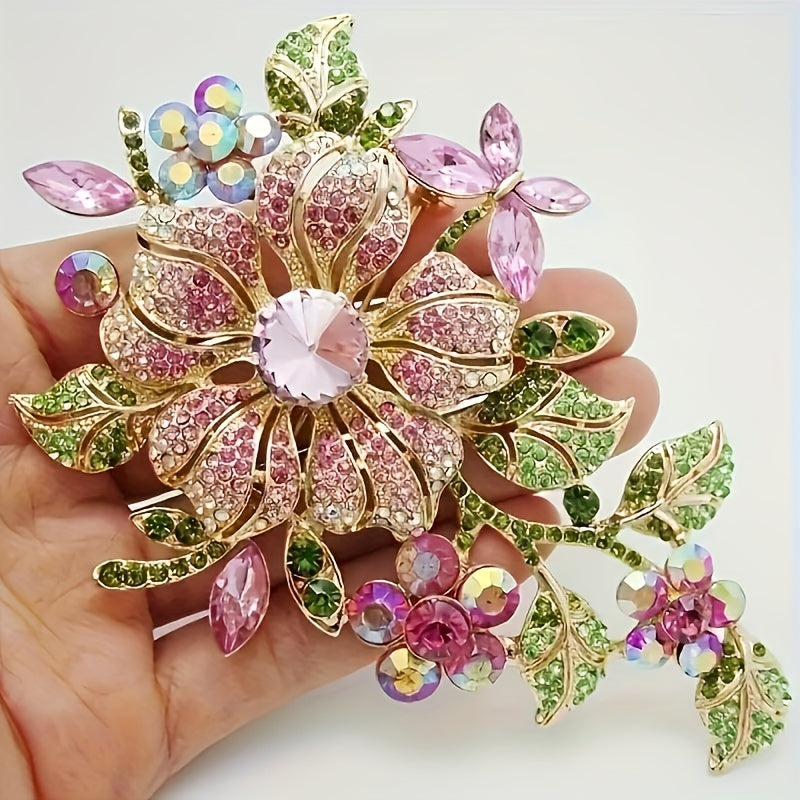 Floral Cluster Brooch with Layered Pink and Green Flower Motifs, Faceted Accents and 8 x 5cm Size