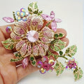 Floral Cluster Brooch with Layered Pink and Green Flower Motifs, Faceted Accents and 8 x 5cm Size