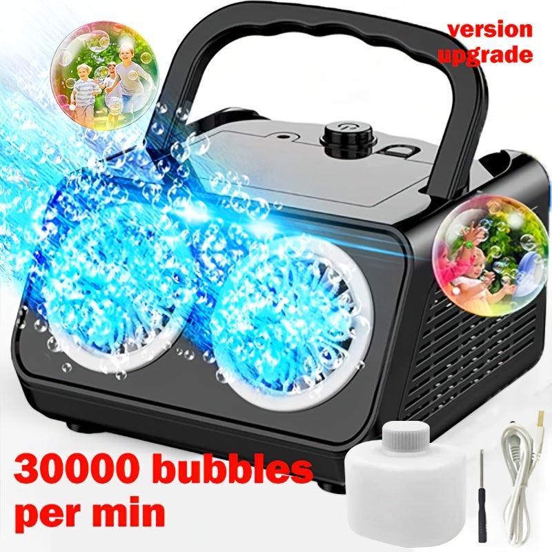 Portable Dual-Wheel Bubble Machine in Black or White with Carry Handle, USB Cable and Bottle Pictured