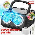 Portable Dual-Wheel Bubble Machine in Black or White with Carry Handle, USB Cable and Bottle Pictured
