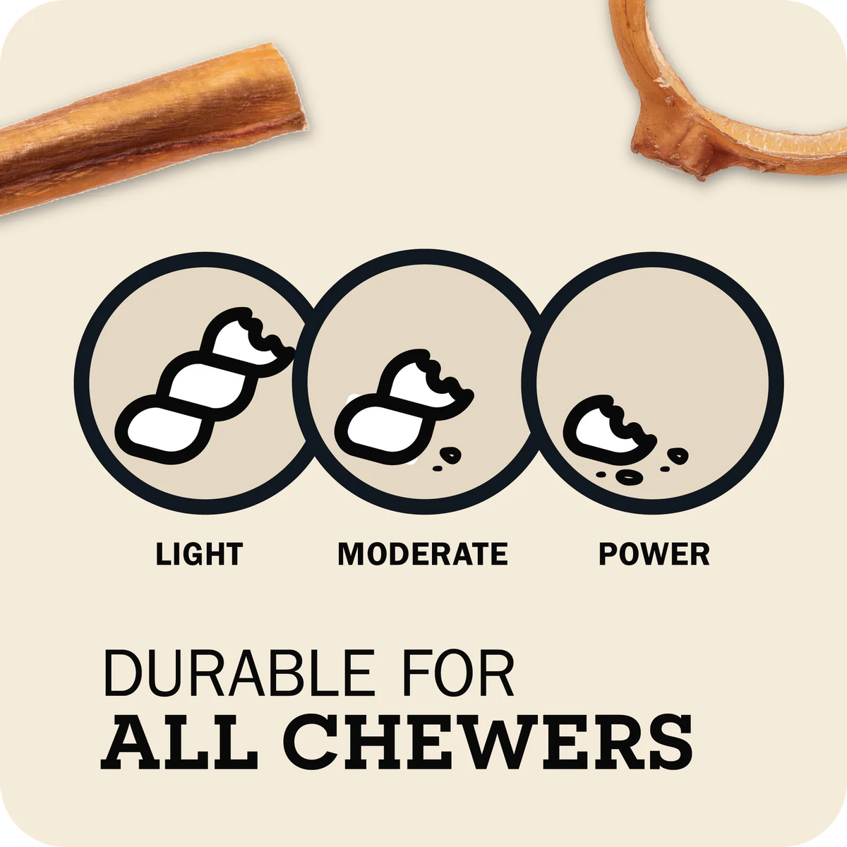 An image which a Redbarn Bully Stick & a Bully Link at the top and three circles with Light, Moderate and Power with a message that reads, "Durable for all chewers"