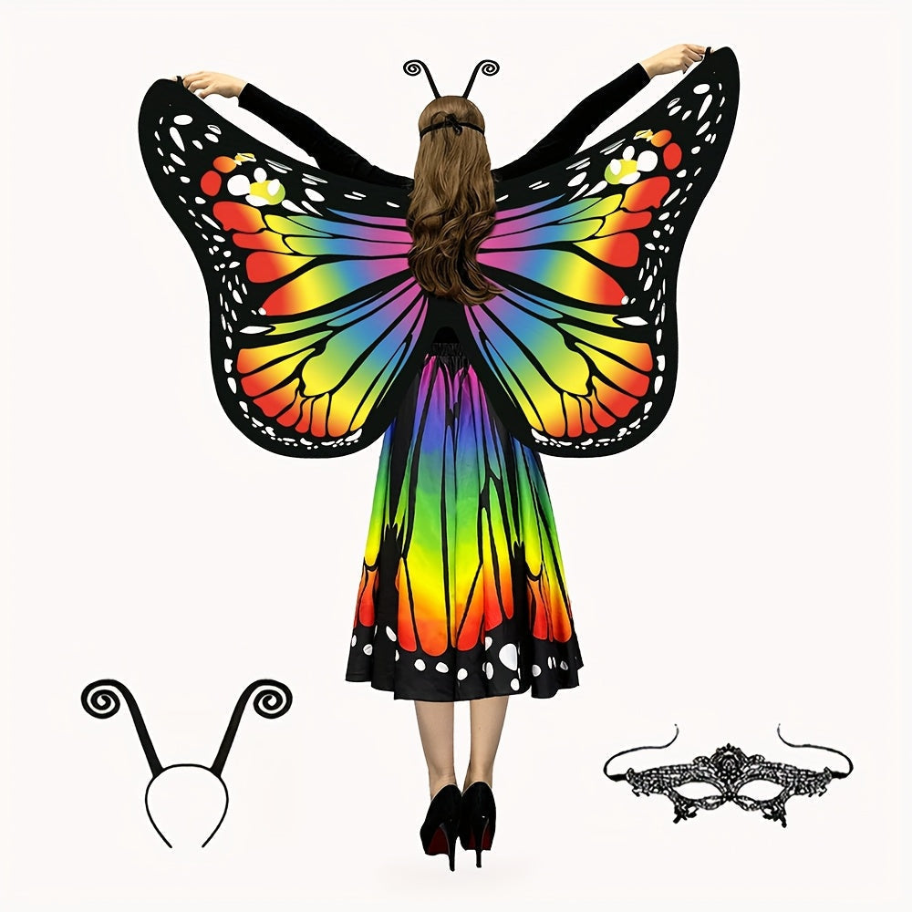 Butterfly Costume - Set Women 4pcs Fairy Wings Cape Skirt Antenna Headband Halloween Cosplay