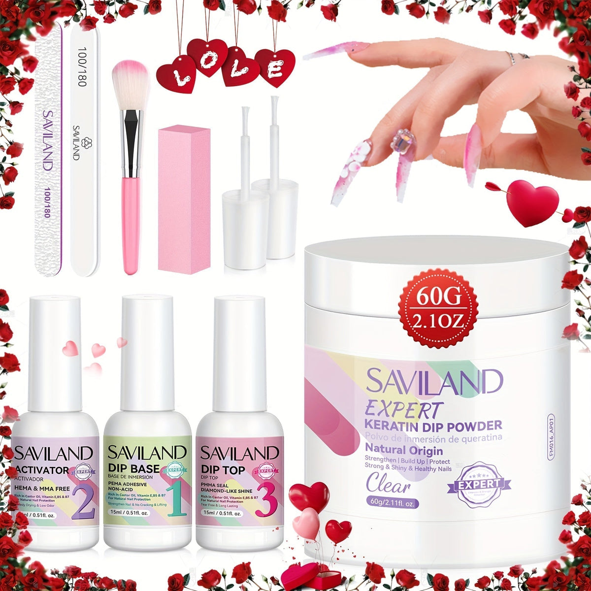 Dip Powder Nail Kit with SAVILAND Label, 60g Clear Powder, Three 15ml Liquids, Files, Buffer and Brush