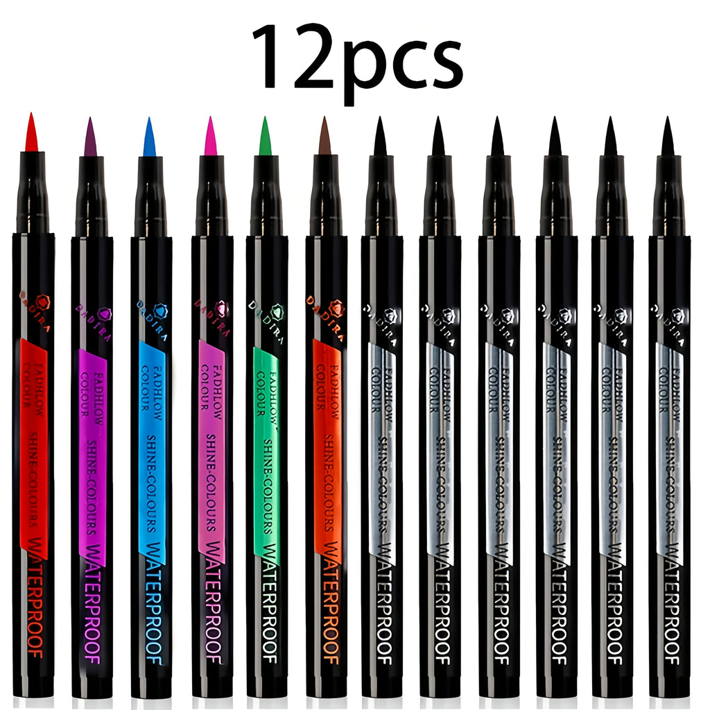 Fine-Tip Liquid Eyeliner Pen Set with Twelve Black and Bright Color Pens for Graphic Eye Looks