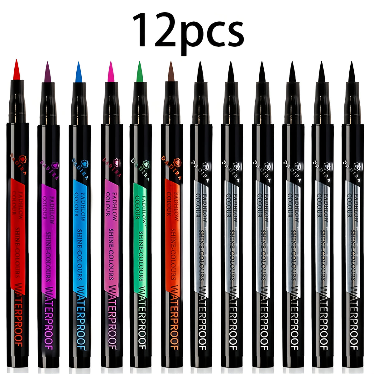 Fine-Tip Liquid Eyeliner Pen Set with Twelve Black and Bright Color Pens for Graphic Eye Looks
