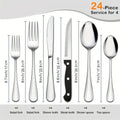 Serrated Steak Knife Dining Set with Six-Piece Place Settings, 24 or 48 Utensils in Silver or Black