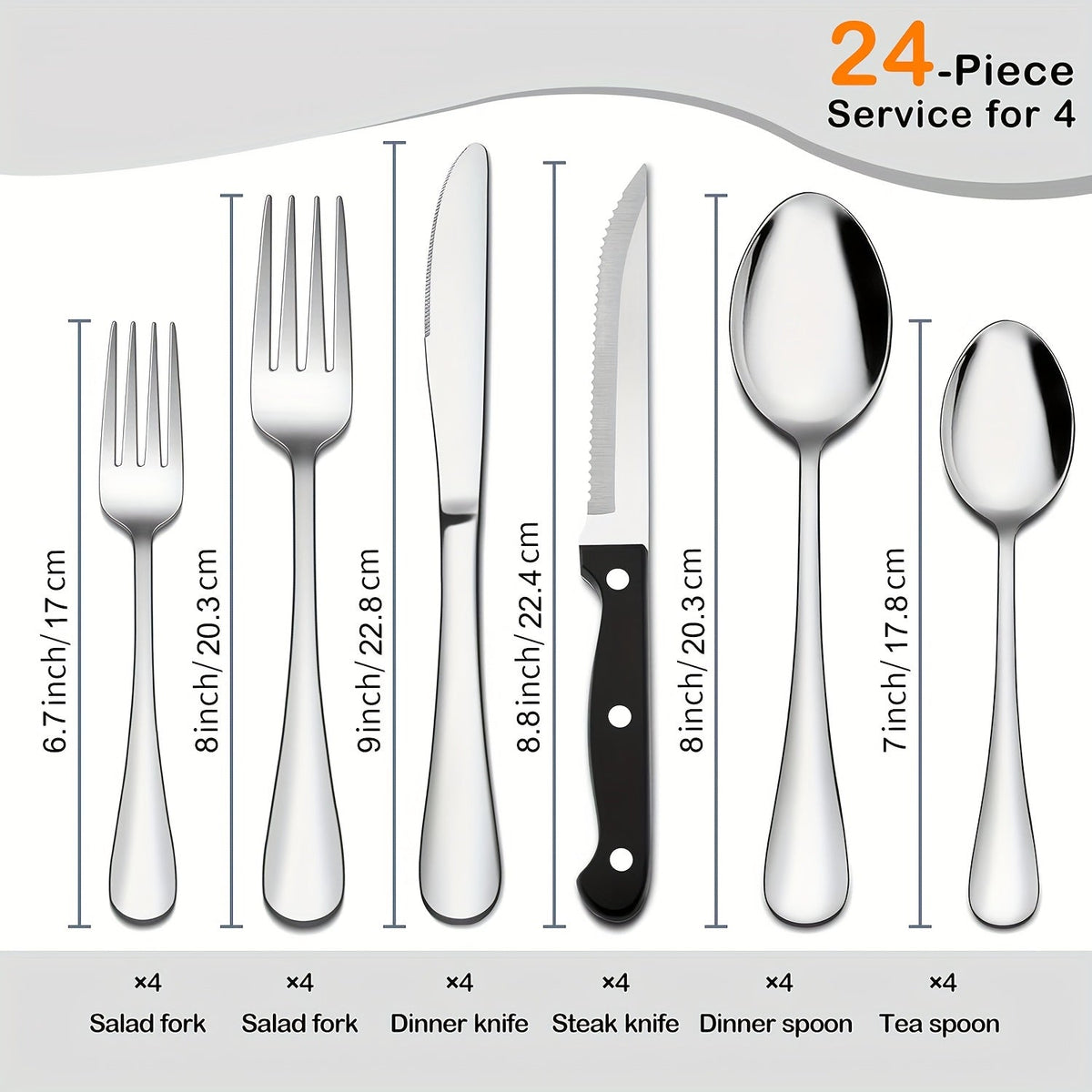 Serrated Steak Knife Dining Set with Six-Piece Place Settings, 24 or 48 Utensils in Silver or Black