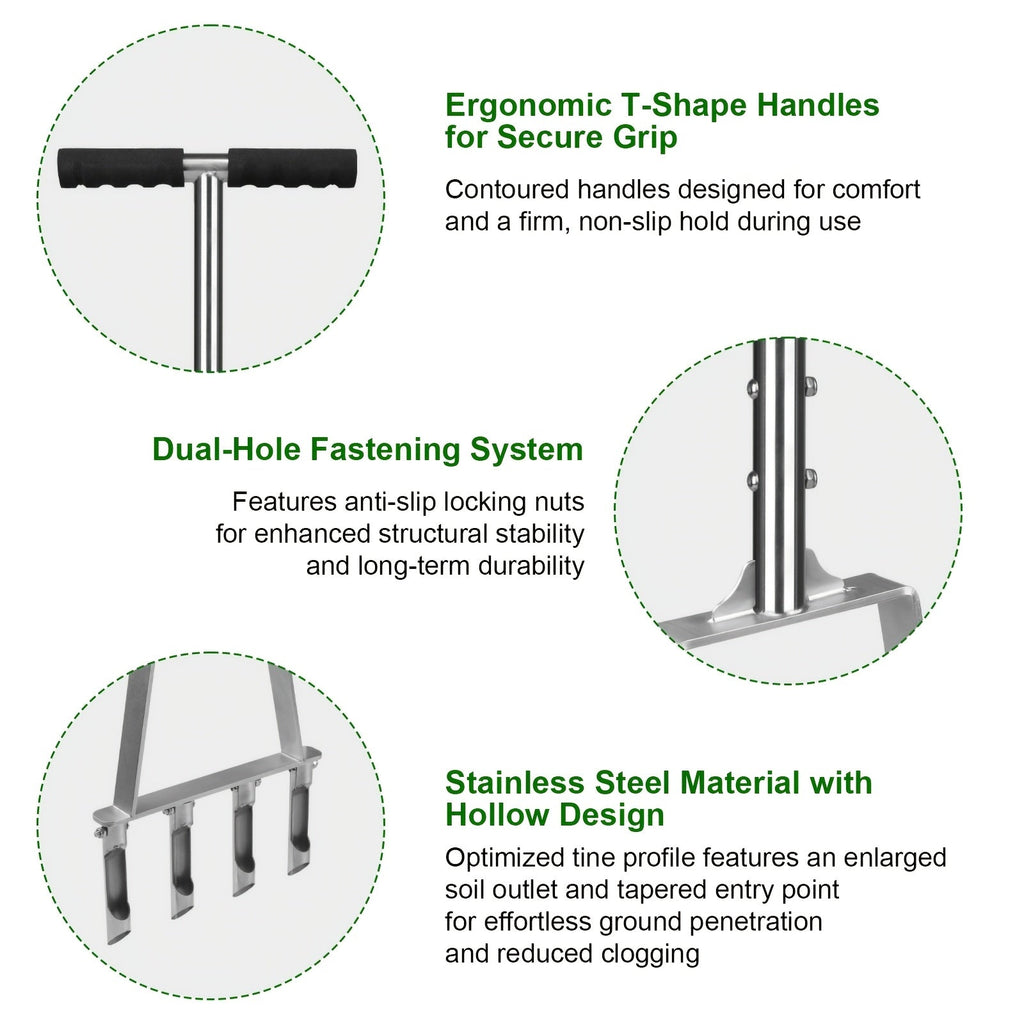 Four-Tine Manual Lawn Core Aerator in Black with T-Handle, Foot Bar and Hollow Plugging Tubes