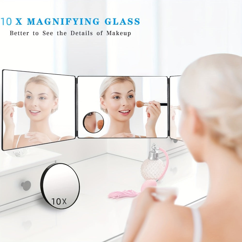 Hair Cutting Mirror 3 Way with LED Light – 360° View Trifold Barber Mirror, Adjustable Height, Door Hang Wall Mount or Tabletop