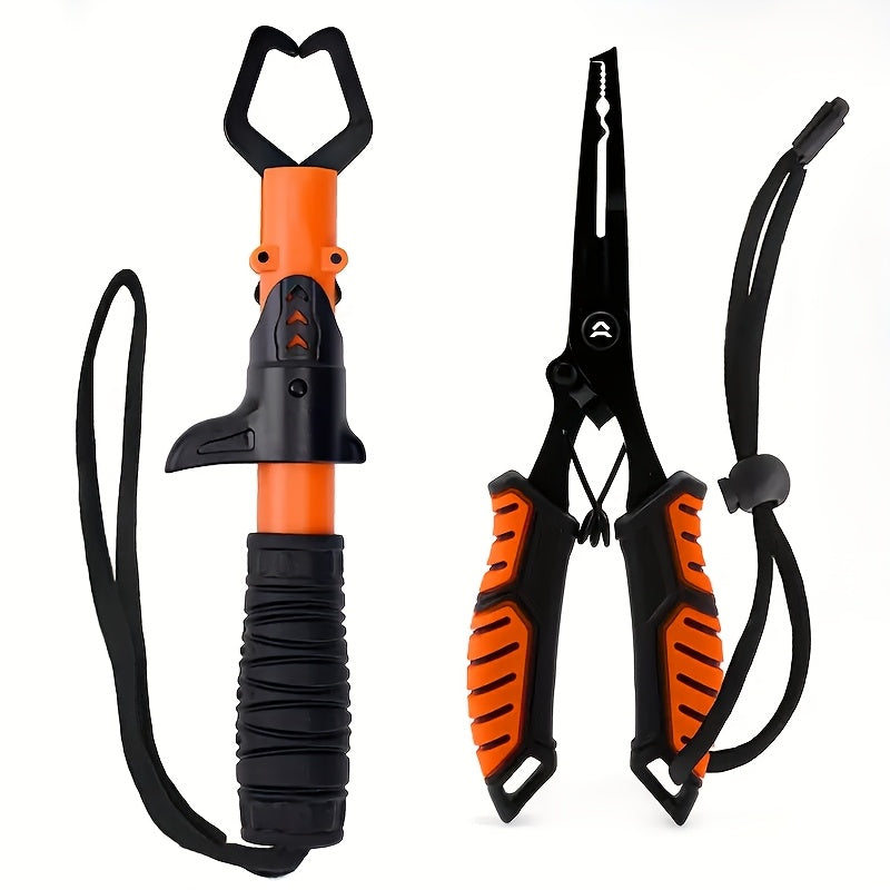 Fishing Pliers Fish Gripper Combo Set 2pcs Stainless Steel Hook Remover Line Cutter with TPR Non-Slip Handle Spring-Loaded Lock